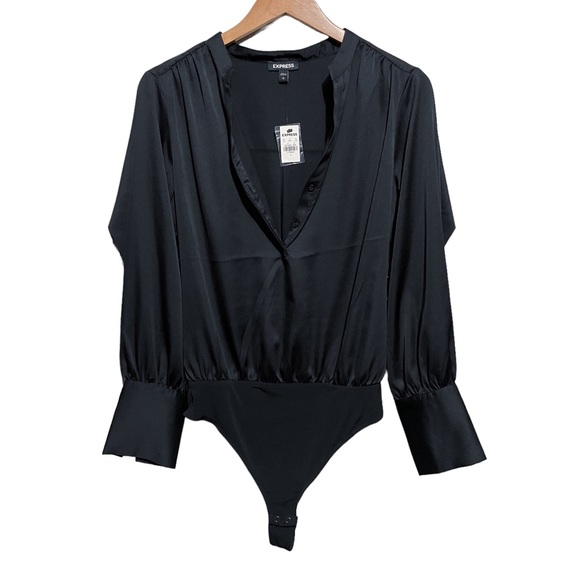 Express Satin-Look Long Sleeve Button-Up Bodysuit - Picture 3 of 9